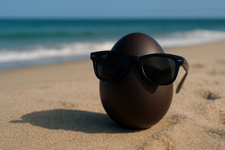 A dark egg wearing sunglasses on the beach. Space for textの素材