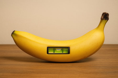 A yellow banana with a level inside on a wooden tableの素材