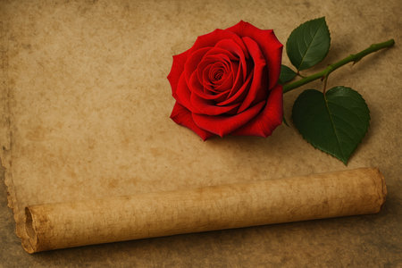 A red rose next to an old scroll. Space for textの素材