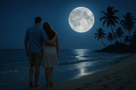Couple on the beach under the full moon among palm treesの素材
