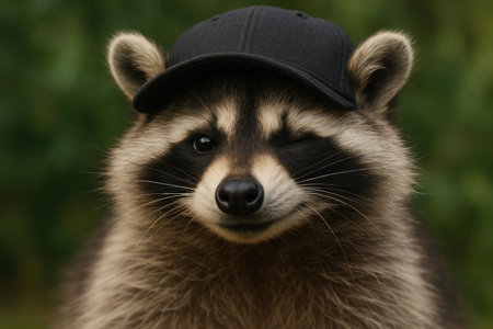Winking raccoon in black cap in natureの素材