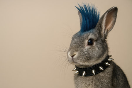 A rabbit with a blue mohawk and a leather collar with spikes. Space for textの素材