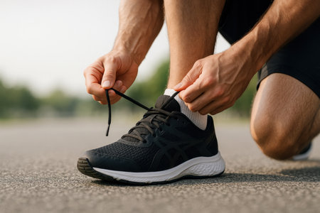 A man ties the shoelaces of his sports sneakers before a runの素材