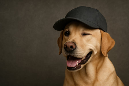 A Labrador in a cap winks in front of the studio. Space for textの素材