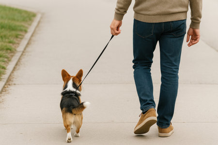 A man leads a small dog on a leash along a city pathの素材