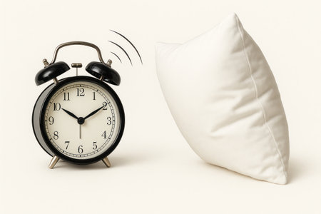 Black alarm clock in front of a soft pillow in the concept of morning awakeningの素材
