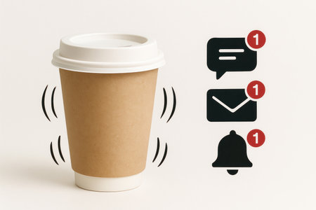A glass of coffee with vibration and notification iconsの素材