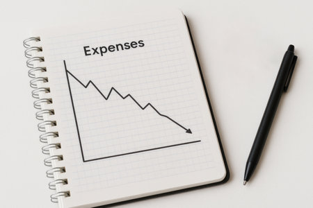 Notebook with a falling expense graph and a penの素材