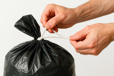 Tying a rope handle on a black garbage bagの素材