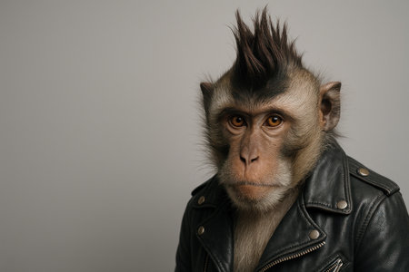 Monkey in a leather jacket with a mohawk. Space for textの素材