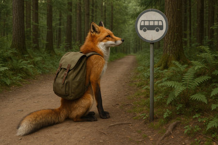 A fox with a backpack on a forest trail near a bus stopの素材