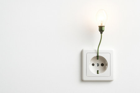 A light bulb connected to the outlet with a green wire. Space for textの素材