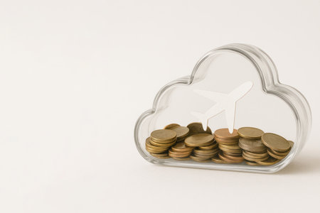 Transparent piggy bank in the shape of a cloud with coins and the silhouette of an airplane. Space for textの素材