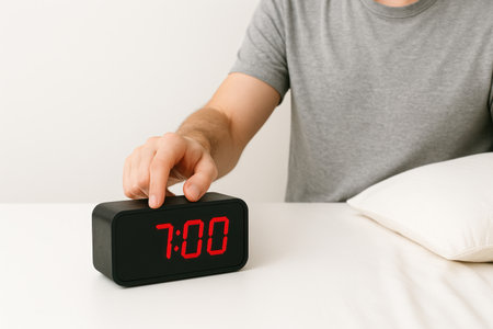 A man turns off the alarm clock for 7 am. Space for textの素材