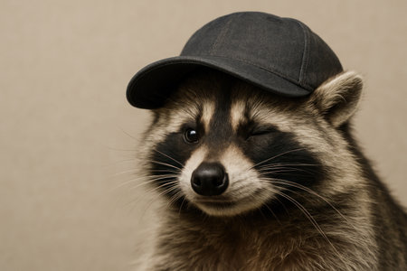 A raccoon in a cap winking at the camera. Space for textの素材
