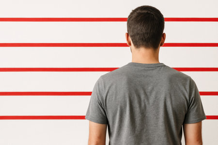 A man stands with his back in front of a wall with red linesの素材