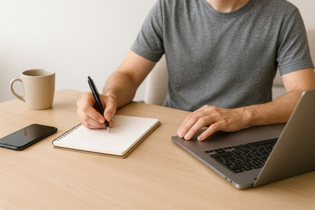 The man is working on a laptop and writing notesの素材