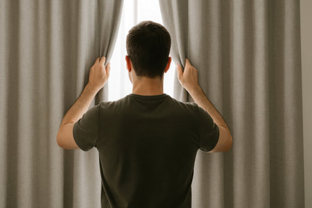 A man opens the curtains, letting in the lightの素材
