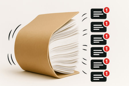 A thick folder with documents is surrounded by notificationsの素材