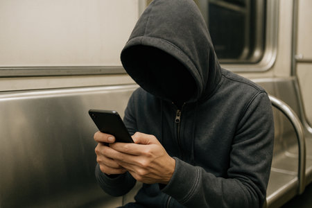 A man in a dark hoodie with a phone in the subwayの素材