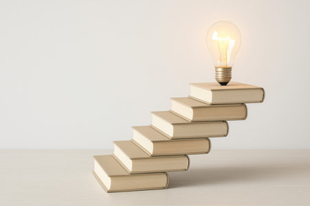 Steps of books leading to a glowing bulb. Space for textの素材