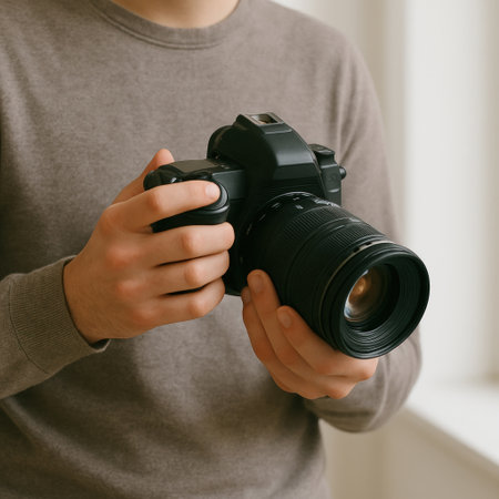 The photographer holds a professional SLR camera in his handsの素材