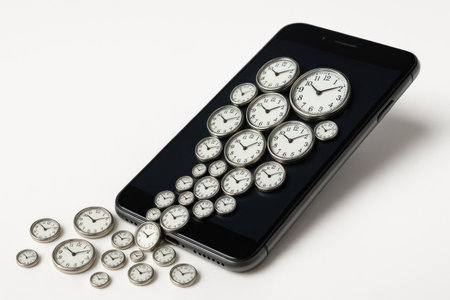 A smartphone filled with many small clocks. Space for textの素材
