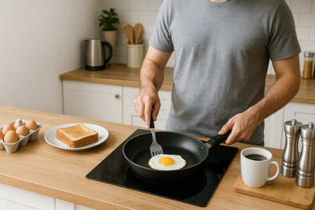 A man cooks scrambled eggs and toast in the home kitchenの素材
