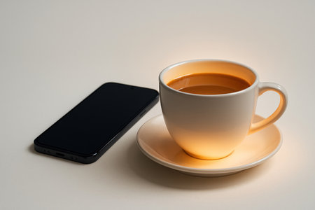 A coffee cup glows from the inside next to your smartphone. Space for textの素材