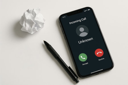 A smartphone with an incoming Unknown call on the tableの素材