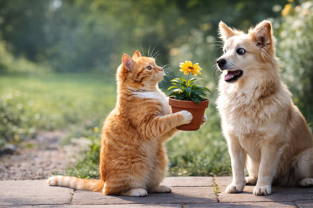 A ginger cat gives a dog a pot with a flowerの素材