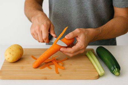 A man peels carrots with a knife on a cutting boardの素材