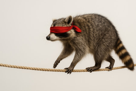 A raccoon with a red blindfold walks along a tightrope. Space for textの素材