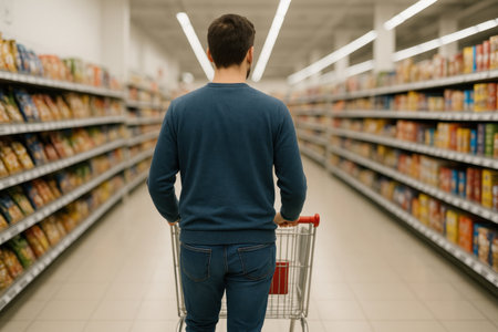 A man with a cart walks down the aisle of a supermarketの素材