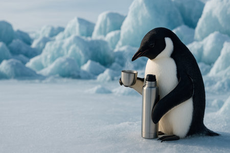 Penguin with a thermos of hot drink in an icy landscape. Space for textの素材