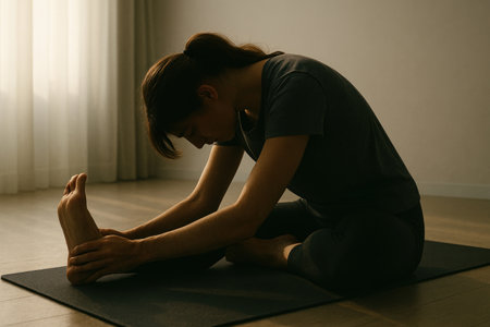 Woman doing stretching on a mat at homeの素材
