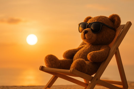 Teddy bear in a sun lounger at sunset. Space for textの素材
