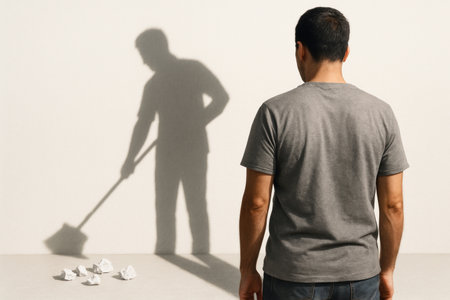 A man looks at his shadow cleaning up the garbage. Space for textの素材