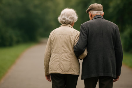 Elderly couple walking in the park, view from the back. Space for textの素材