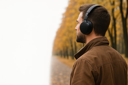 A man in headphones listens to music in an autumn park. Space for textの素材