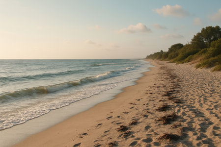 Sandy beach with waves and footprints in the sandの素材
