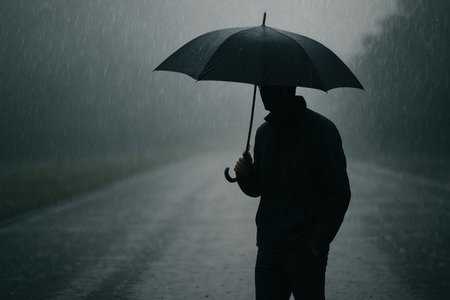 A man with an umbrella stands on the road in the rain. Space for textの素材