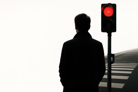A man standing in front of a traffic light with a red light. Space for textの素材