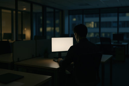 A lonely man working at a computer in a dark office at nightの素材