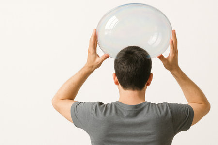 A man holds a huge soap bubble above his head. Space for textの素材