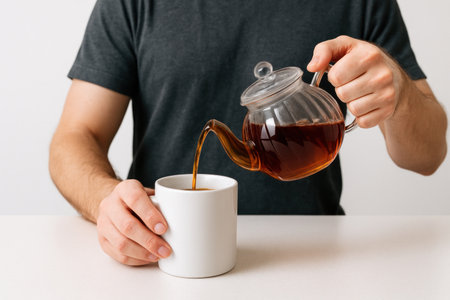 A man pours tea from a glass teapot into a mugの素材