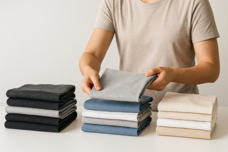 A person sorts and neatly stacks stacks of clothesの素材