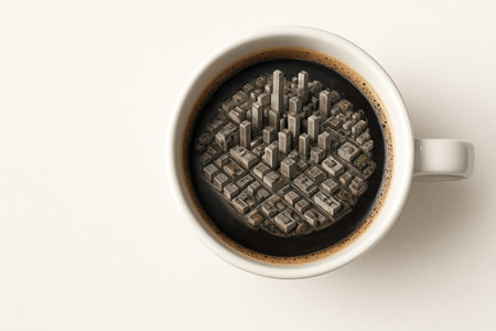 A miniature city of coffee skyscrapers in a cup of coffee. Space for textの素材