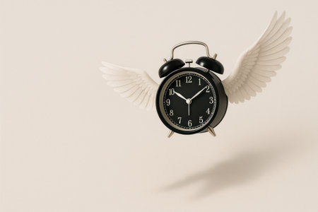 A black alarm clock with white wings, symbolizing running time. Space for textの素材