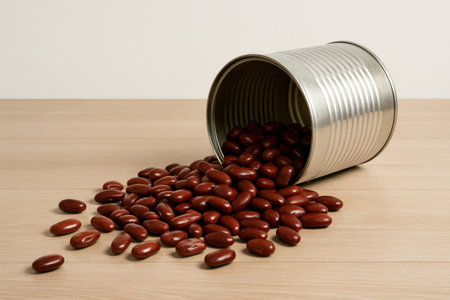 A metal jar from which red beans are scattered. Space for textの素材